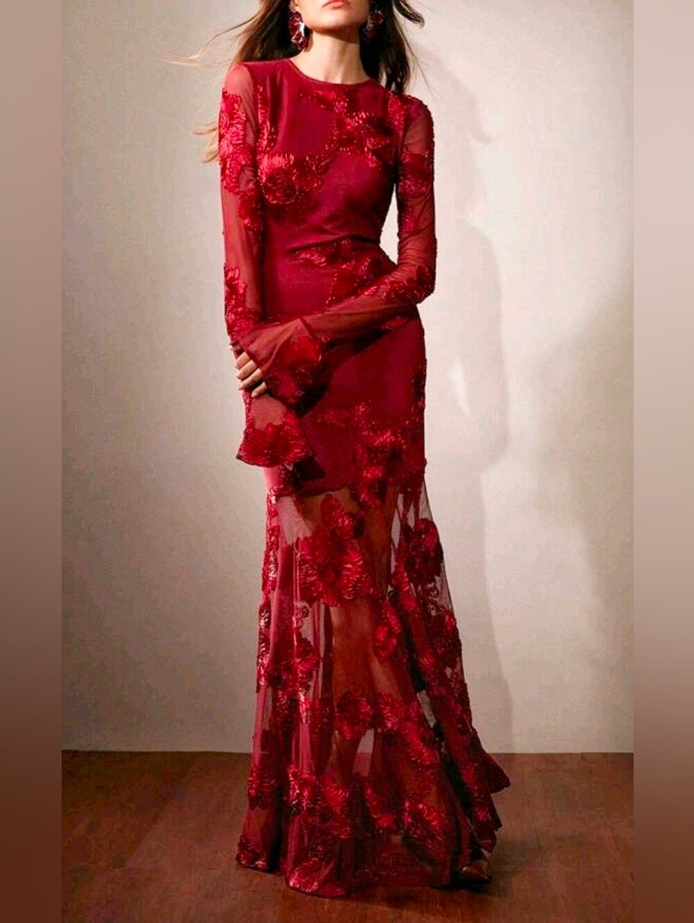 New Luxe Embroidered Sheer Floral Mesh Bodycon Mermaid Dress Red - Picture 4 of 15